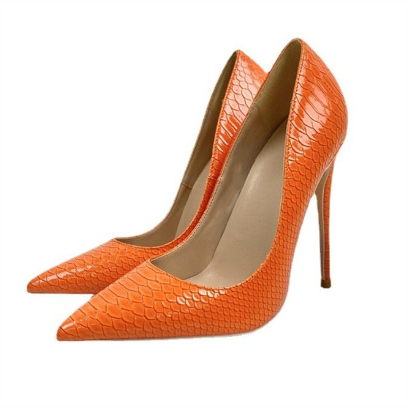 Orange snake patterned socialite high heels, pointed toe thin heels, fashionable and sexy shallow mouth women's shoes