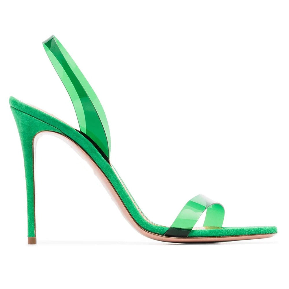 Green and purple PVC slim high heels with a single toe, round toe, open toe, and fashionable high heels