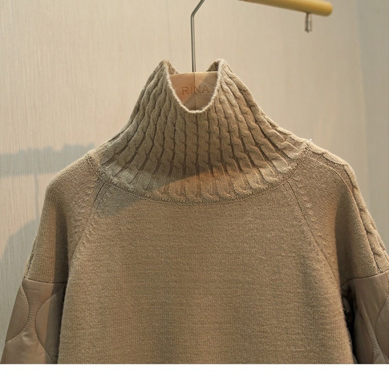 High neck loose casual sweater with down cotton splicing women's thick single pocket top