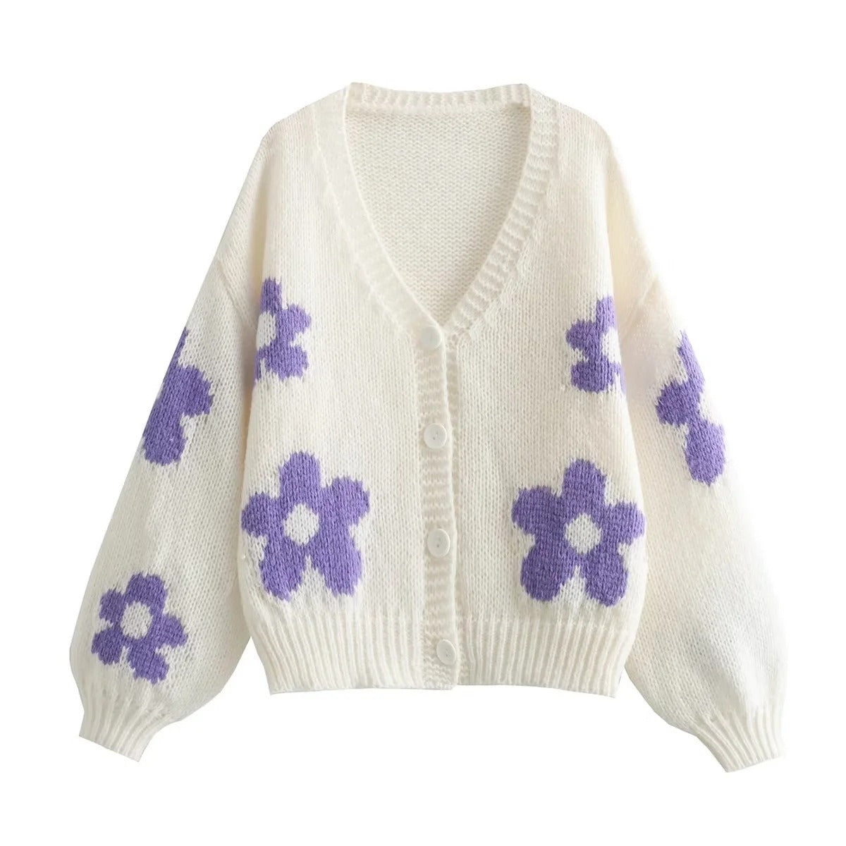 Fashionable flower jacquard V-neck single breasted long sleeved knitted cardigan jacket