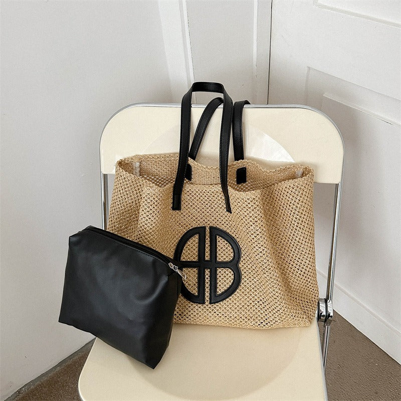 Straw Hollow Out Knitting Tote Bag Large Capacity Handmade Shoulder Handbag Women  Designer Casual Beach Bag Ethnic Style