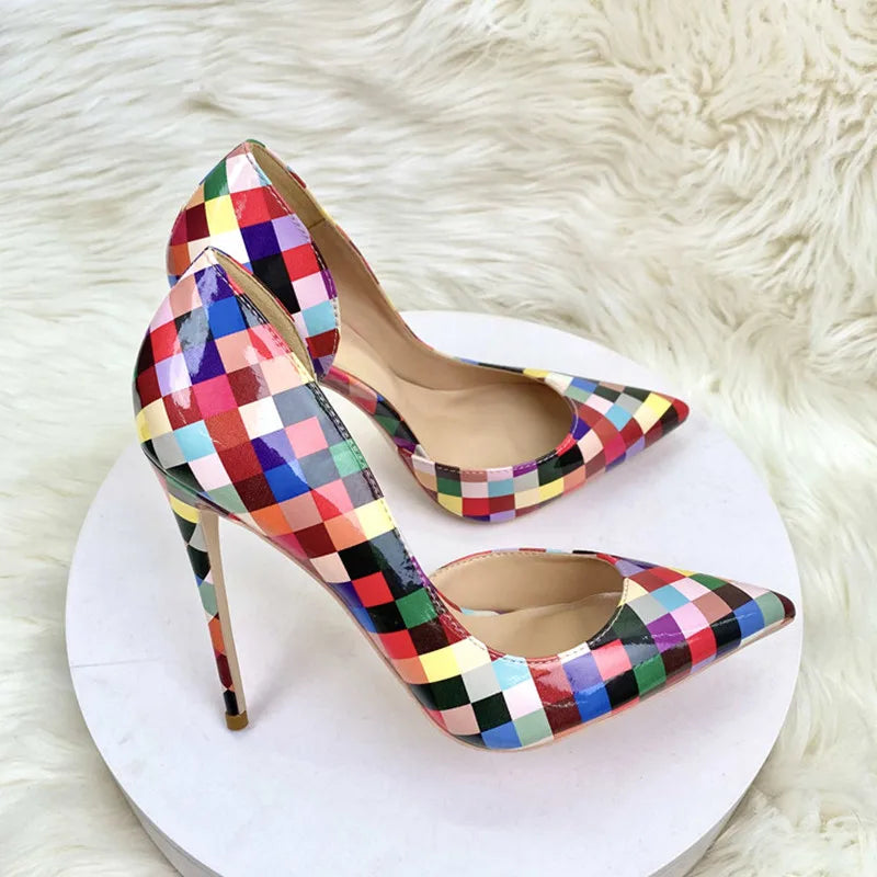 Multi-Color Plaid Print Women Pointy Toe Side Cut  High Heel Shoes Fashion Designer Ladies Slip On Stiletto Pumps