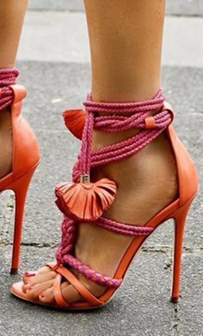 Braided Straps High Heel Sandals Sexy Rope Knot Cut Outs Summer Shoes Lace-up Stiletto Heels Gladiator Sandals Pink Brown Green