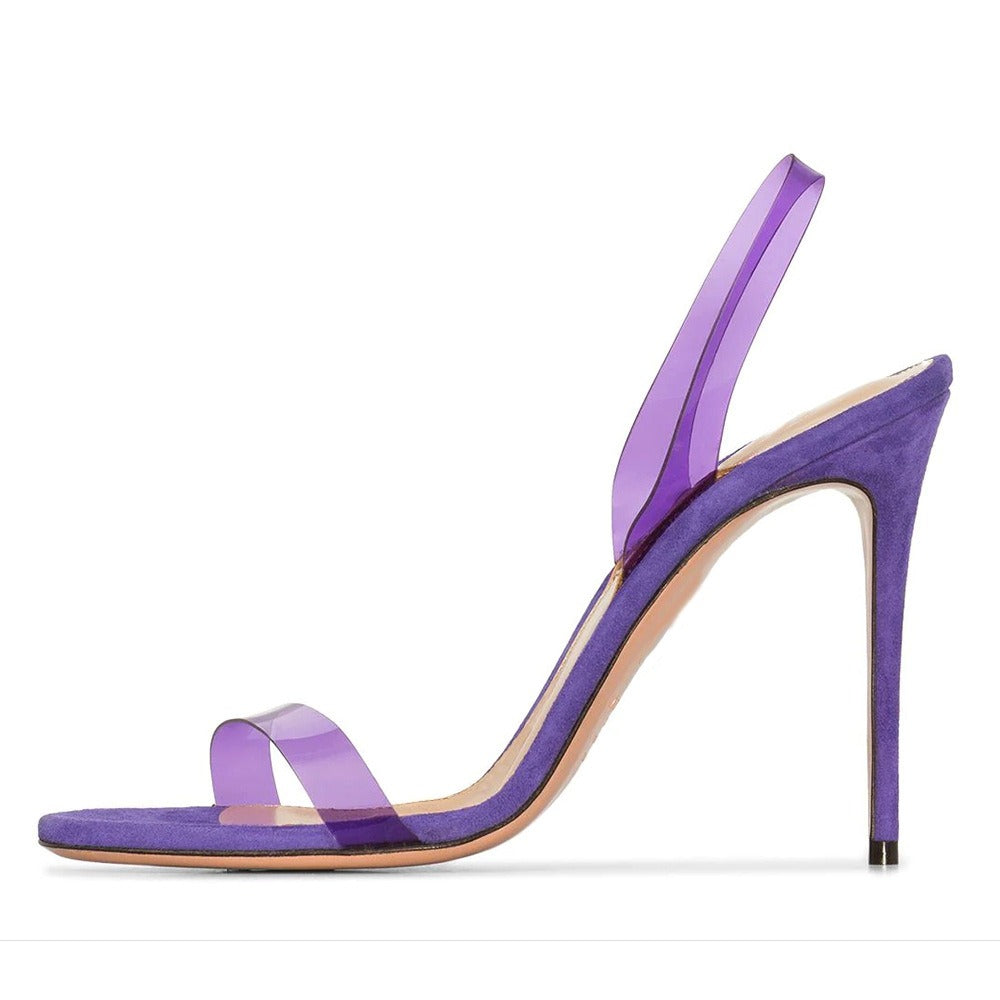 Green and purple PVC slim high heels with a single toe, round toe, open toe, and fashionable high heels