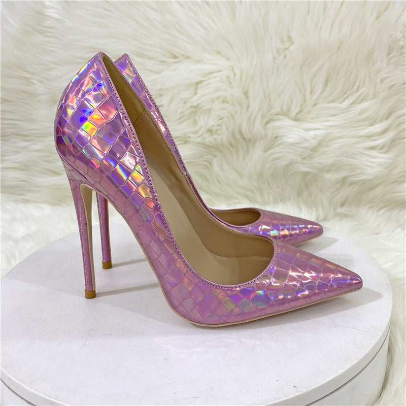 Colorful stone patterned high heels, pointed toe thin heels, shallow cut single shoes