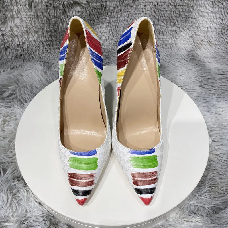 Colored Painted Women White Crocodile Effect Pointy Toe High Heel Party Shoes Snakeskin Sexy Stiletto Pumps