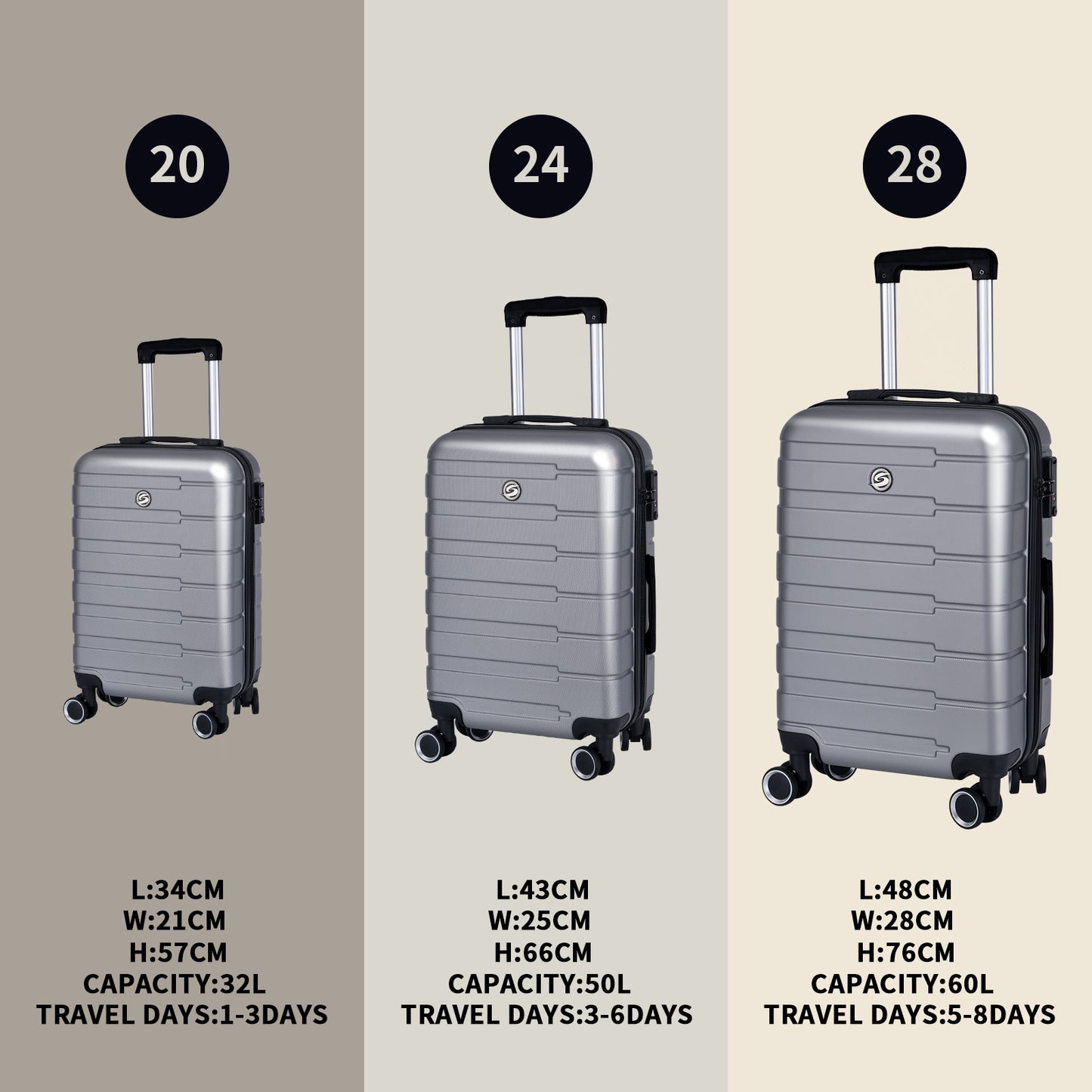 Luggage Suitcase 3 Piece Sets Hardside Carry-on luggage with Spinner Wheels 20"/24"/28" Silver+Grey + ABS