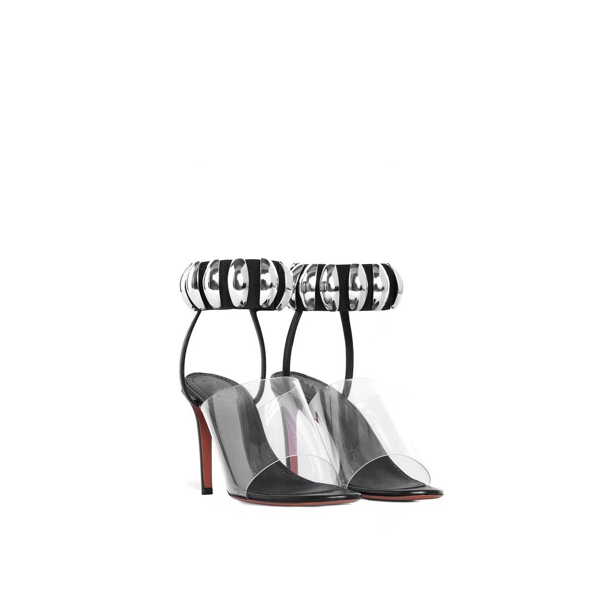 Slender high heels with round toe metal buckle and transparent PVC open toe Roman sandals