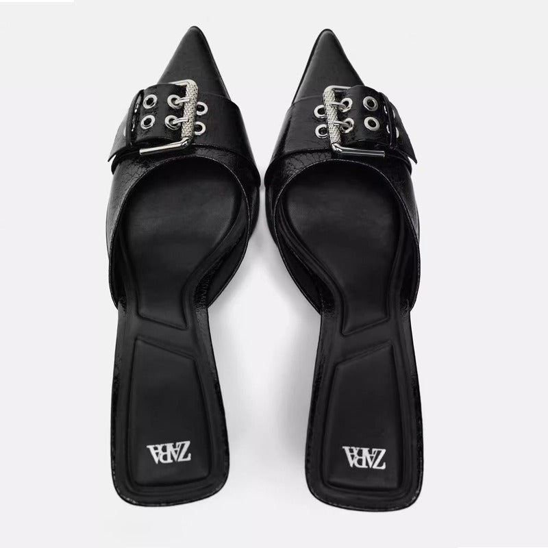 Black buckle strap French pointed slim heel sandals