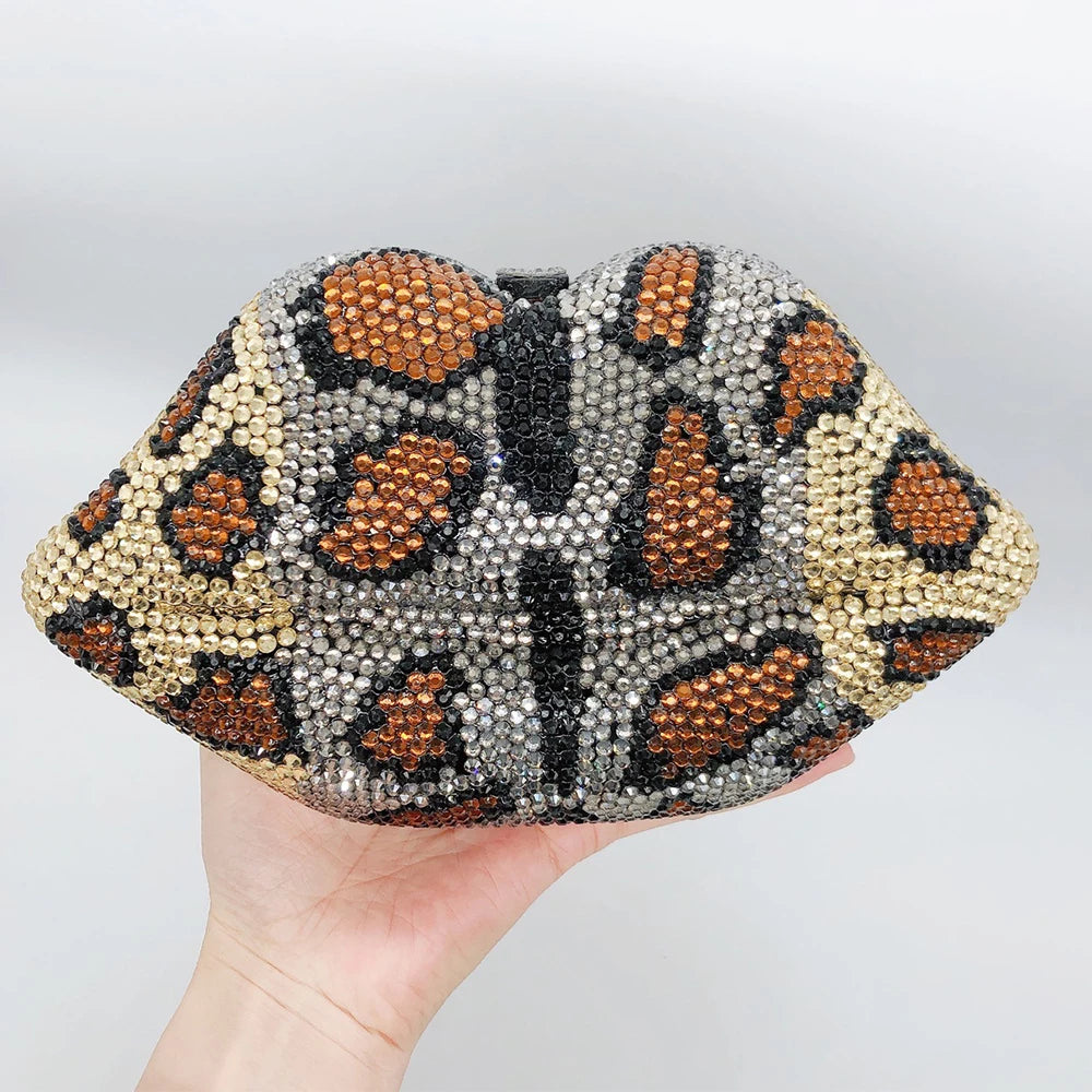 Leopard Print Mouth Diamond Wedding Purses WHTUOHENG Crystal Evening Clutches Rhinestone Women Party Bling Sparkling Handbags