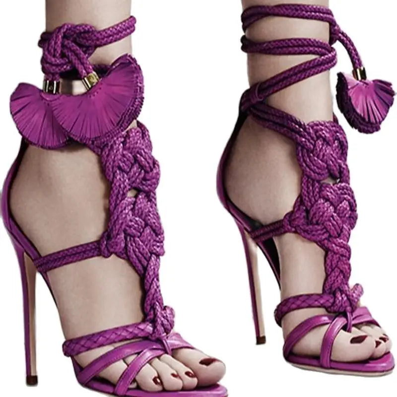 Braided Straps High Heel Sandals Sexy Rope Knot Cut Outs Summer Shoes Lace-up Stiletto Heels Gladiator Sandals Pink Brown Green