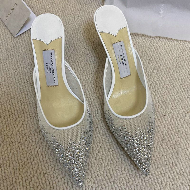 Mesh hot diamond high heel slippers, pointed slippers, single toe shoes, crystal