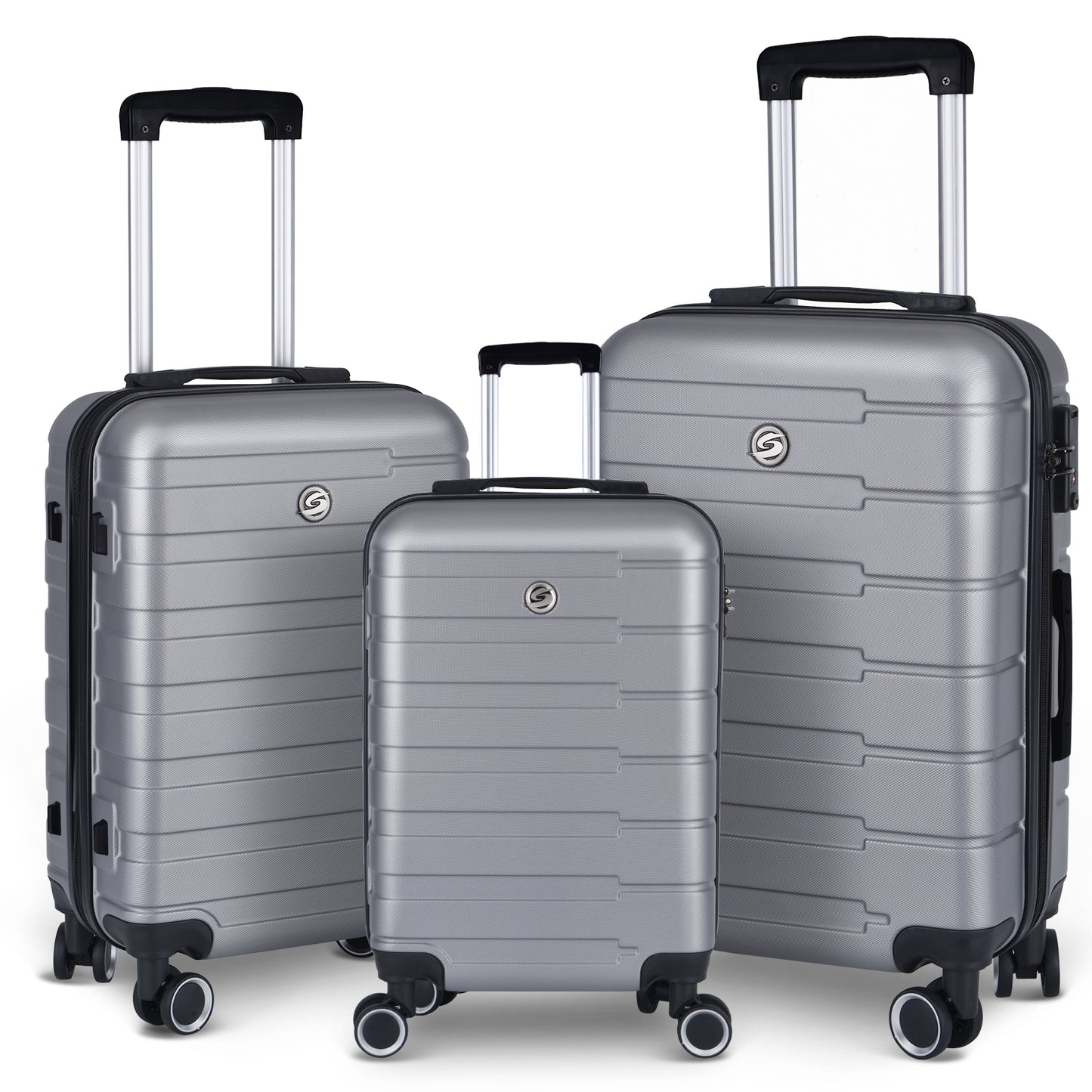 Luggage Suitcase 3 Piece Sets Hardside Carry-on luggage with Spinner Wheels 20"/24"/28" Silver+Grey + ABS