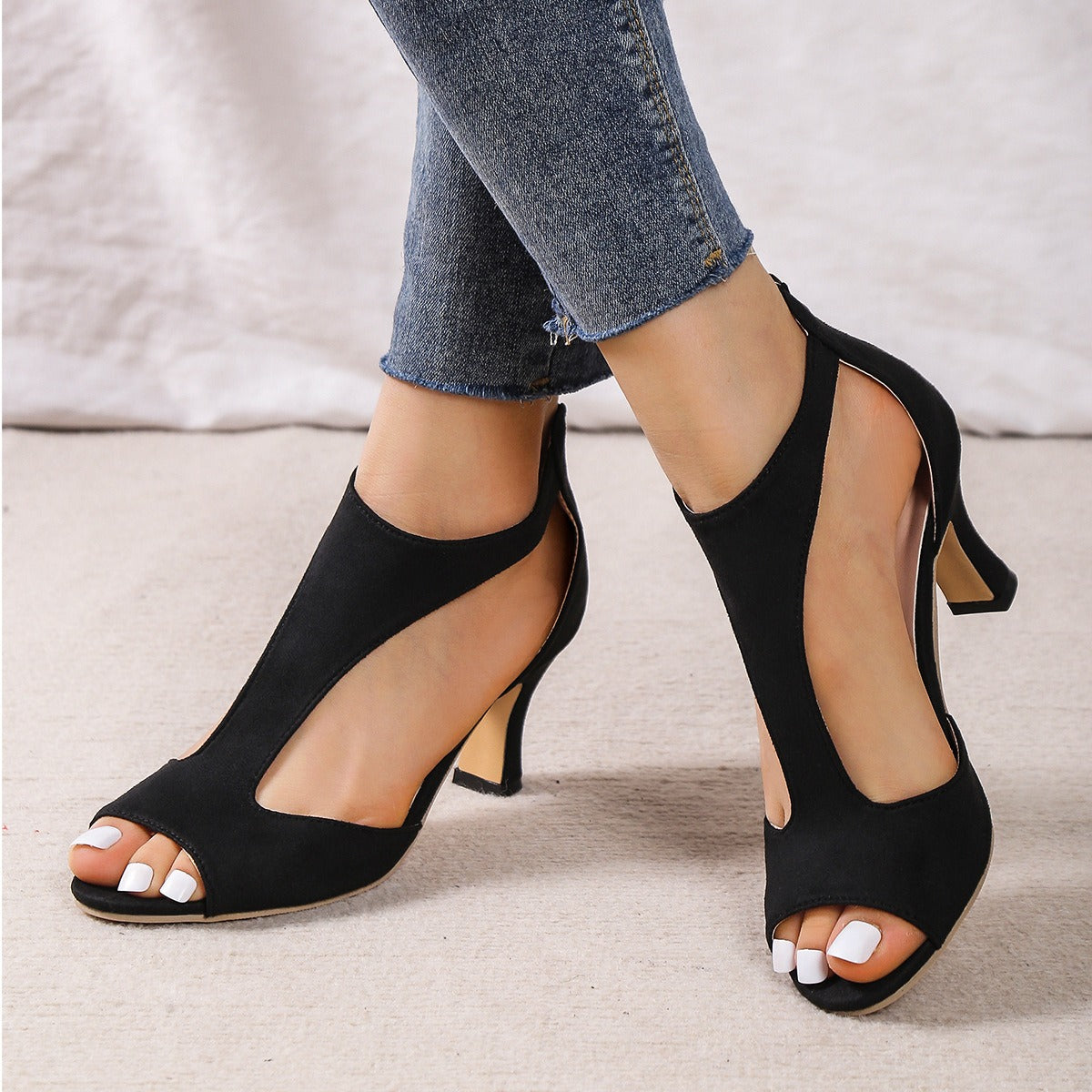 Fashionable zippered fish mouth sandals for women's summer new oversized side air thin heel Roman sandals