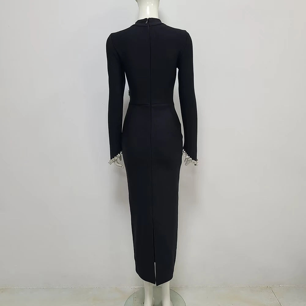 Black Color Women Long Sleeve Shinning Crystal Bodycon Bandage Long Dress Fashion Celebrate Evening Party Cocktail Dress