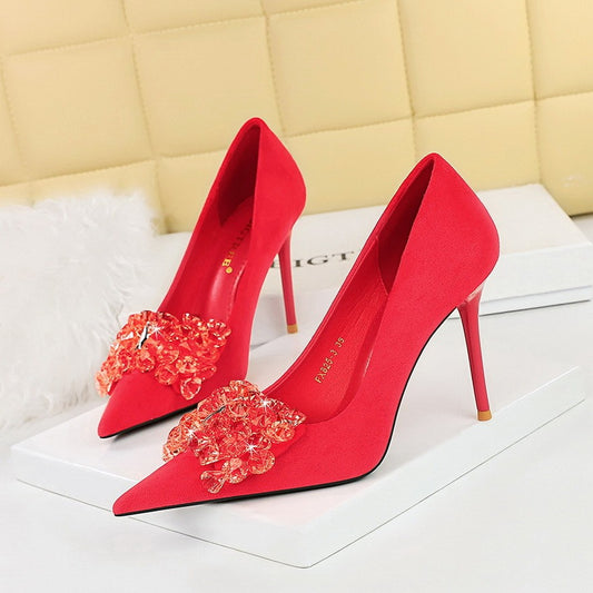 Banquet high heels women's stiletto suede shallow mouth pointed toe gem rhinestone bow shoes