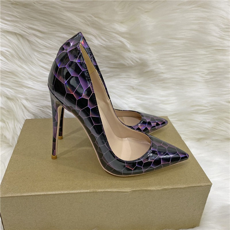 Colorful stone patterned high heels, pointed toe, shallow cut single shoe, soft leather women's shoes