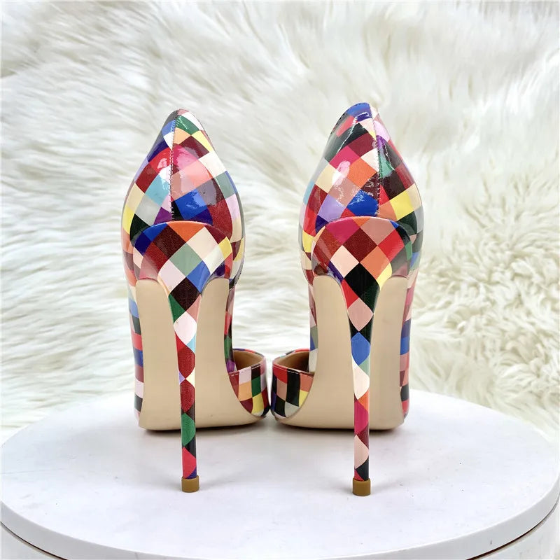 Multi-Color Plaid Print Women Pointy Toe Side Cut  High Heel Shoes Fashion Designer Ladies Slip On Stiletto Pumps