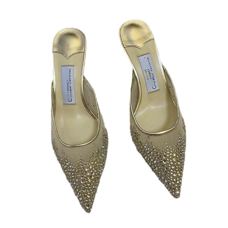 Mesh hot diamond high heel slippers, pointed slippers, single toe shoes, crystal