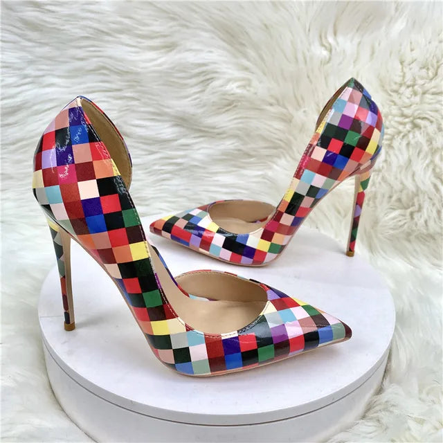 Multi-Color Plaid Print Women Pointy Toe Side Cut  High Heel Shoes Fashion Designer Ladies Slip On Stiletto Pumps