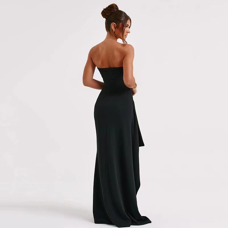 Evening dress, party, women's straight neck strapless dress, sexy backless high slit long skirt