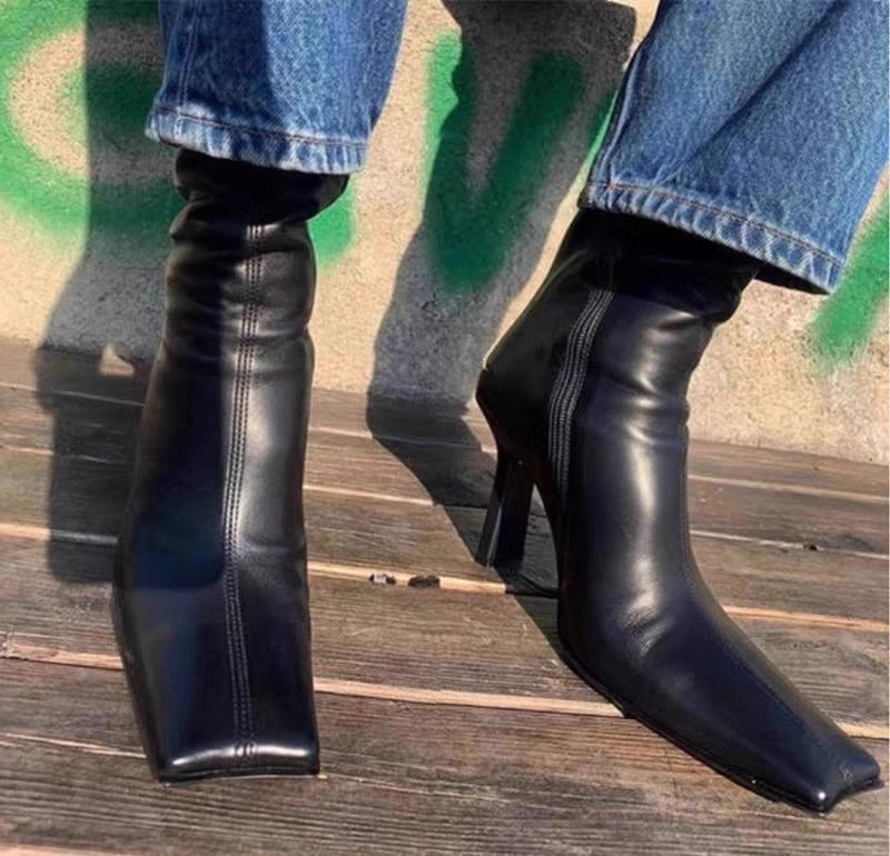 Classic black women's square toe shoes leather elastic fabric medium heeled boots mid length boots