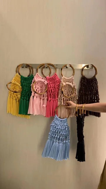 Cotton Knitted Tassel Hollow Bag DIY Hand Woven Bag Circular Handheld Small Bag