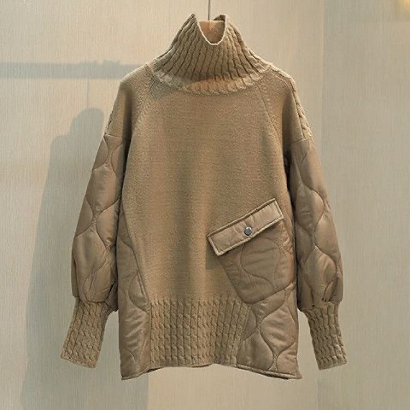 High neck loose casual sweater with down cotton splicing women's thick single pocket top