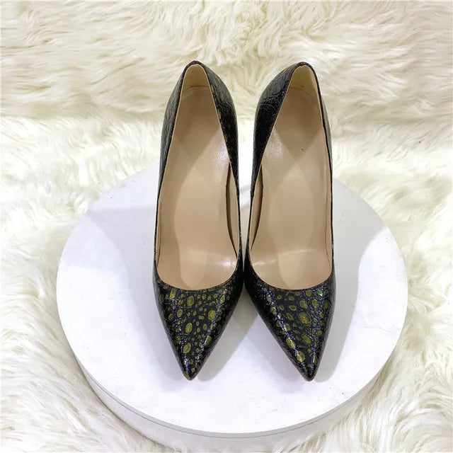 Brown Crocodile Effect Women Sexy Pointy Toe High Heel Party Shoes 12cm 10cm 8cm Slip On Stiletto Pumps