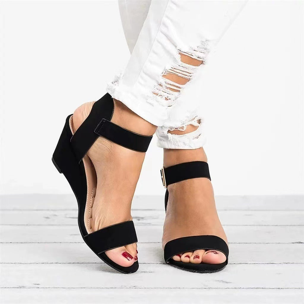 Women's Sandals Solid Color European and American Wind Fish Mouth Open Toe One line Buckle Elevated Slope Heel Sandals for Exter