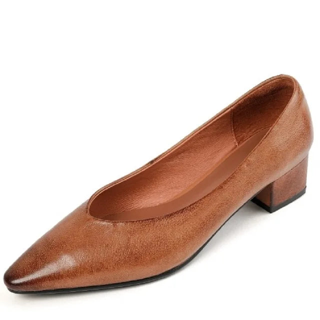 Classic Concise Women Pumps Thick Heels Genuine Leather Office Lady Working Mature Basic Shoes Spring Autumn 34-40