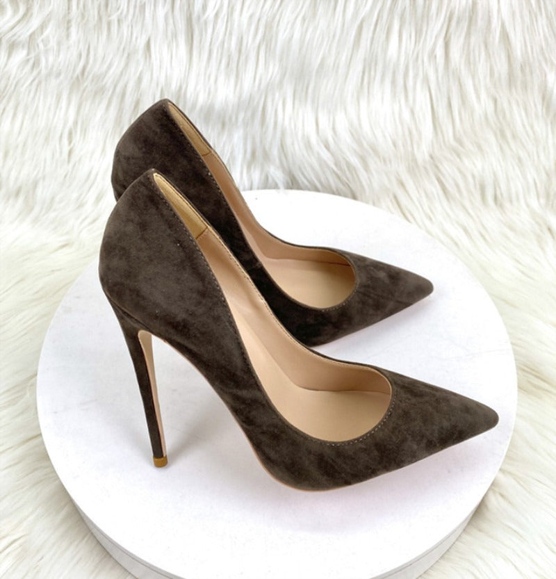 Grey suede high heels new slim heeled pointed shallow cut women's shoes