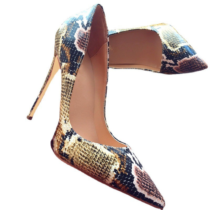 Elegant Heels, Slim Heels, Sexy Nightclub Versatile, Blue Snake Skin Pointed Head, Professional Shallow Mouth Single Shoes