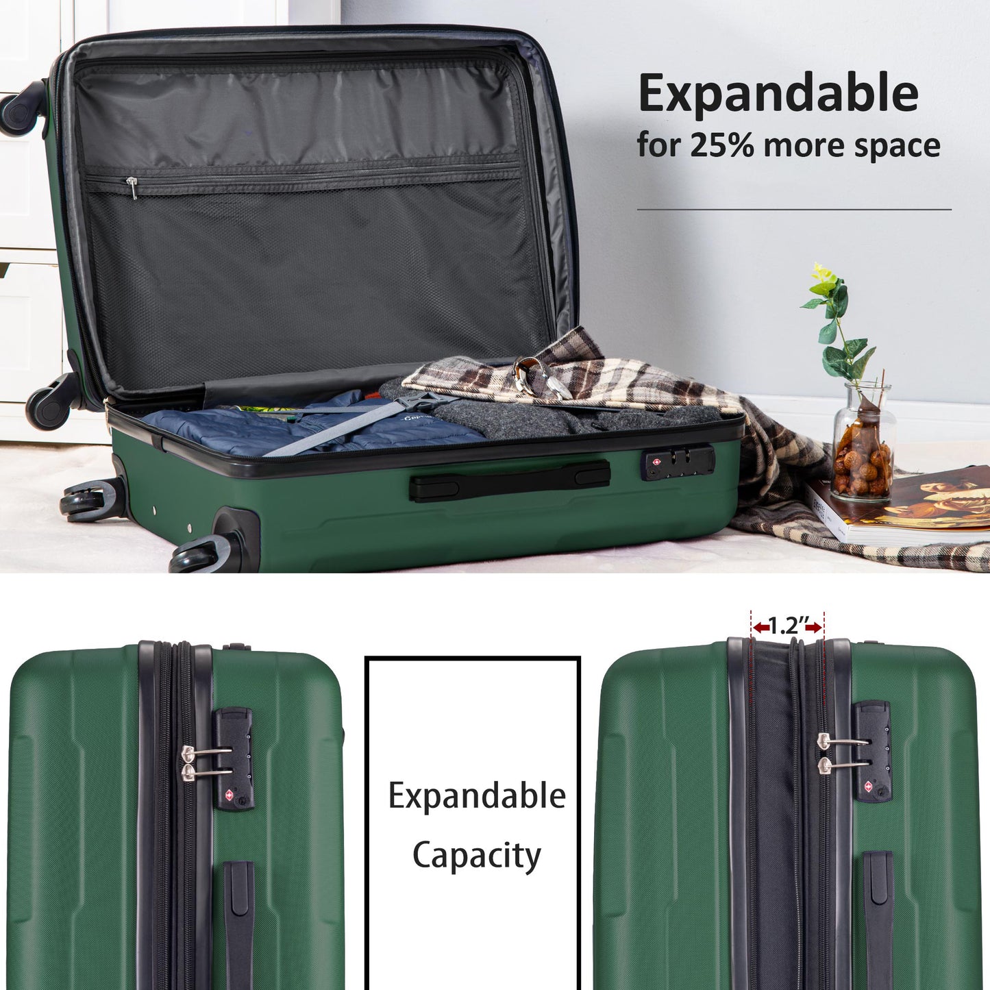 Expanable Spinner Wheel 2 Piece Luggage Set ABS Lightweight Suitcase with TSA Lock 20inch+28inch Green + Plastic