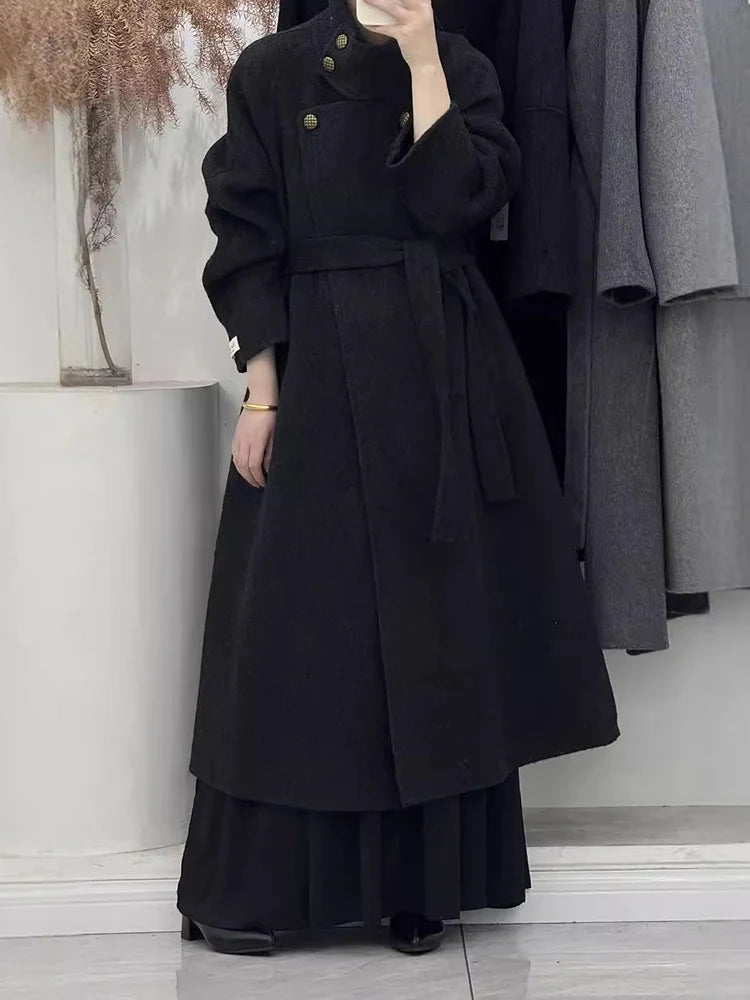 Stand collar double-sided wool coat women's long lace up cashmere coat