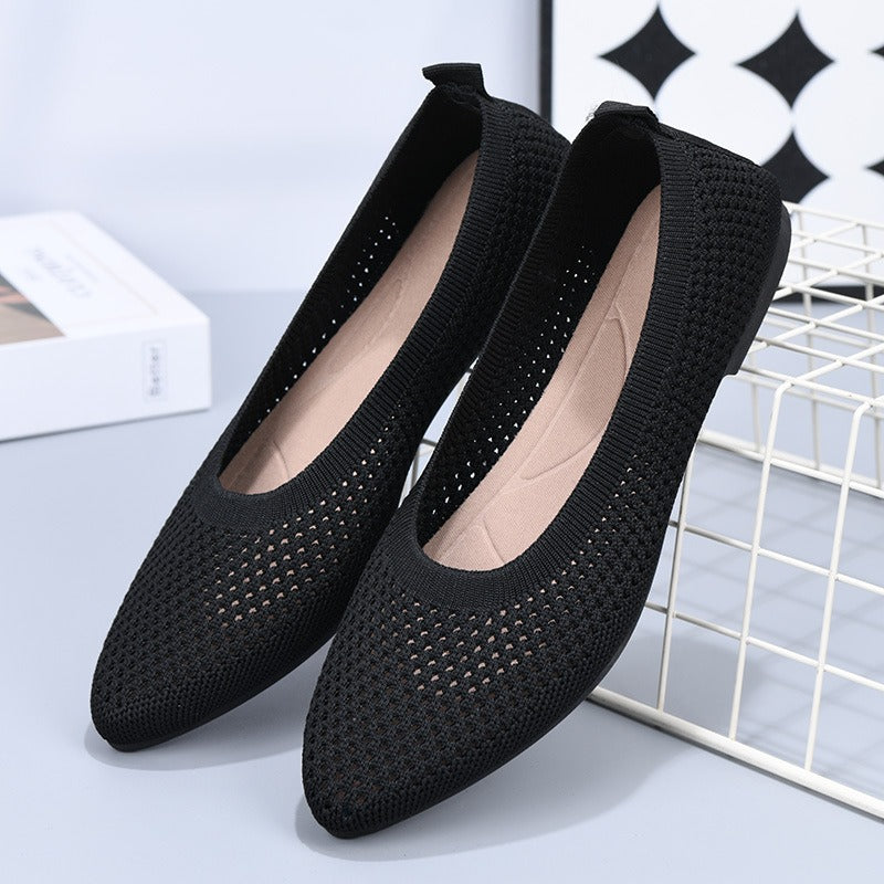 Summer solid color pointed flat bottomed women's shoes, casual breathable women's hollowed out cloth shoes