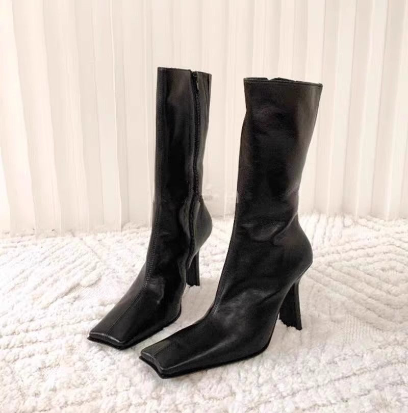 Classic black women's square toe shoes leather elastic fabric medium heeled boots mid length boots