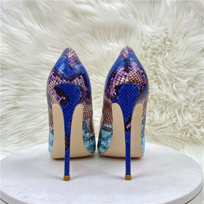 Blue snake patterned socialite high heels, pointed toe thin heels, shallow cut single shoes