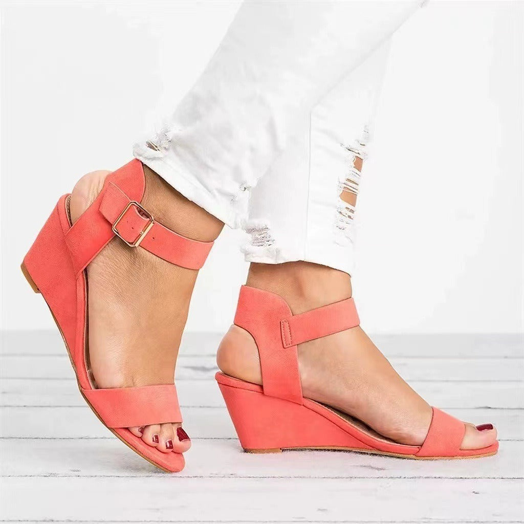 Women's Sandals Solid Color European and American Wind Fish Mouth Open Toe One line Buckle Elevated Slope Heel Sandals for Exter