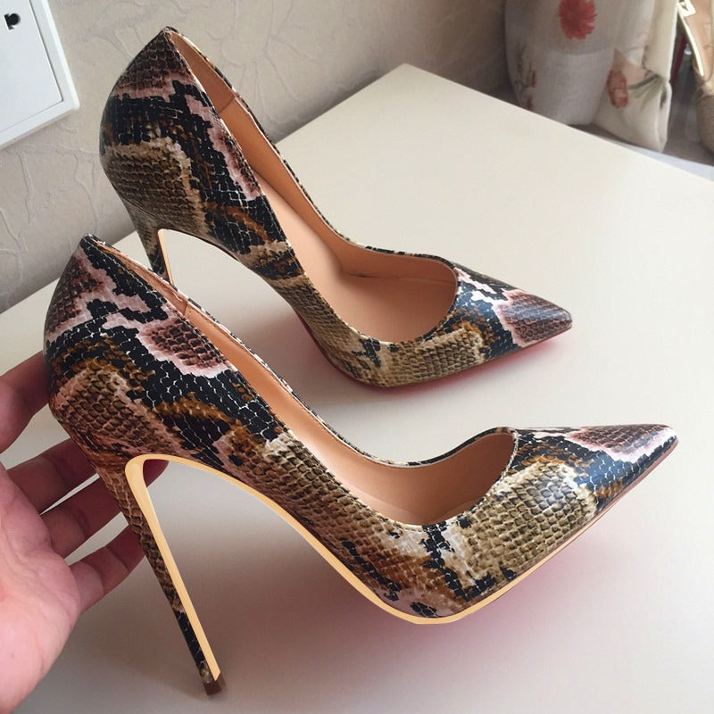 Elegant Heels, Slim Heels, Sexy Nightclub Versatile, Blue Snake Skin Pointed Head, Professional Shallow Mouth Single Shoes