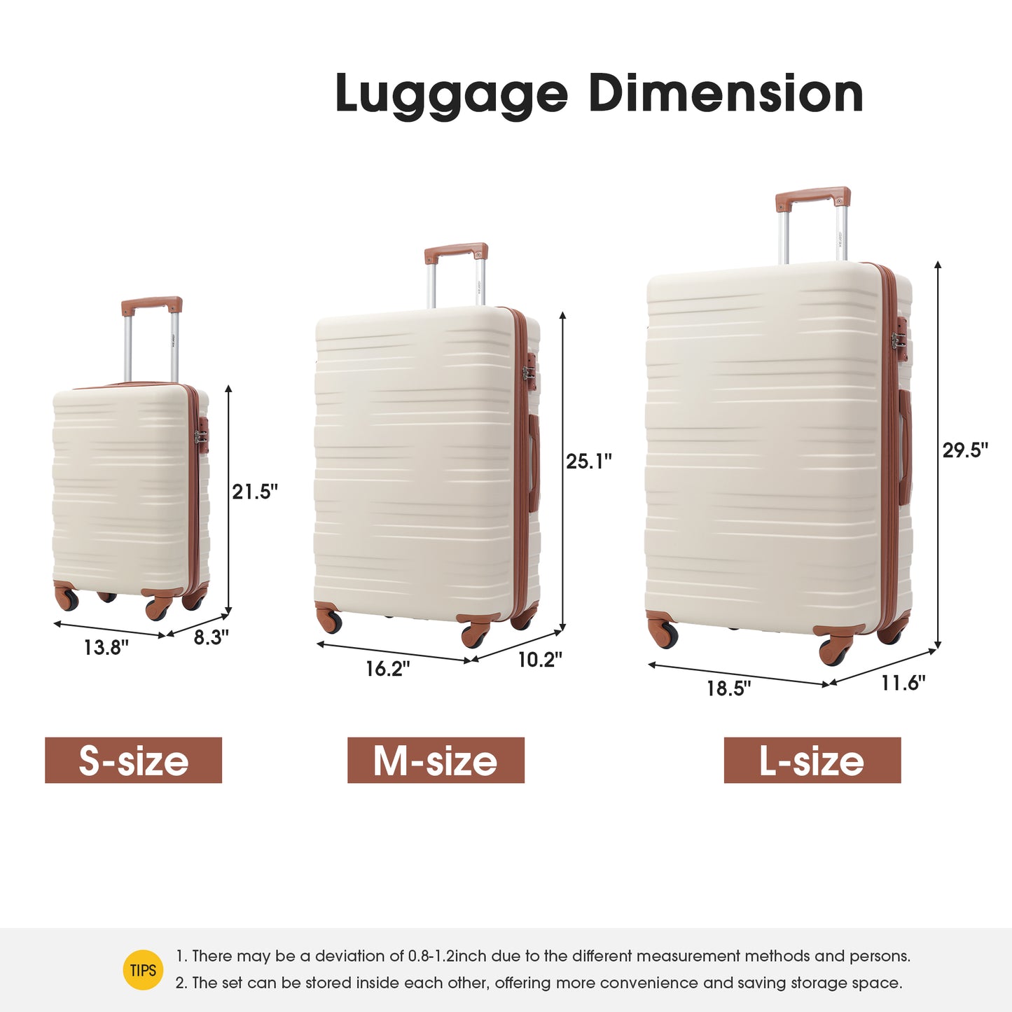 Hardshell Luggage Sets 3 Pcs Spinner Suitcase with TSA Lock Lightweight 20''24''28''  Brown+White + ABS