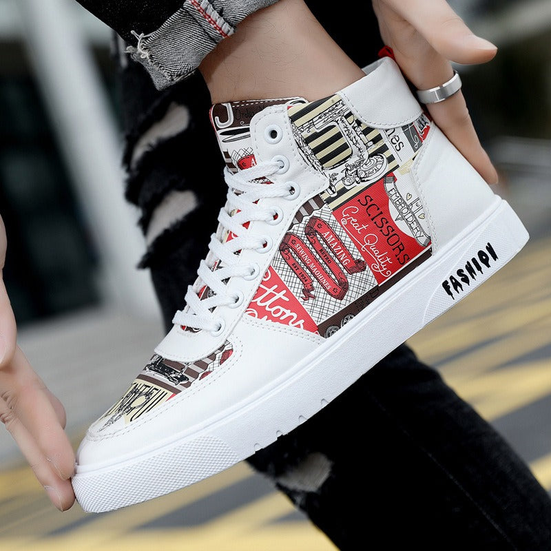 Autumn New Trendy Men's Shoes Personalized Graffiti High Top Men's Shoes Casual Four Seasons Student Sports Board Shoes Men's Tr