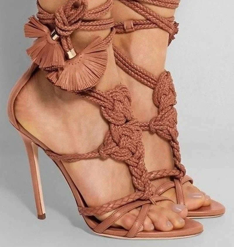 Braided Straps High Heel Sandals Sexy Rope Knot Cut Outs Summer Shoes Lace-up Stiletto Heels Gladiator Sandals Pink Brown Green