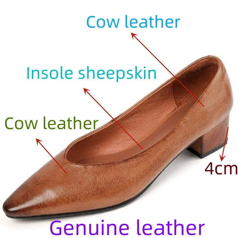 Classic Concise Women Pumps Thick Heels Genuine Leather Office Lady Working Mature Basic Shoes Spring Autumn 34-40