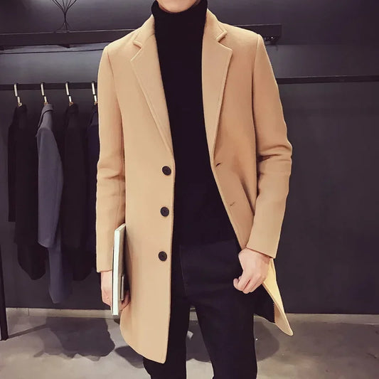 Men's coat, medium long windbreaker, winter slim fit woolen coat, teenage student thick woolen coat