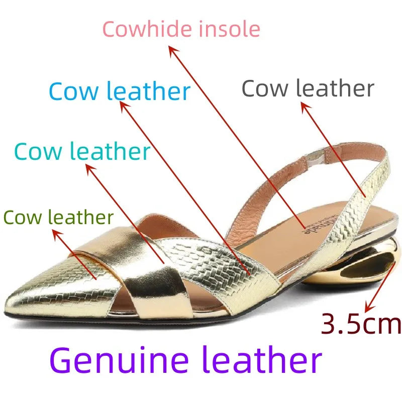 Brand Genuine Leather Sandals Pointed Toe Low Heel Women's Shoes Summer Party Dress Silver Red Footwear