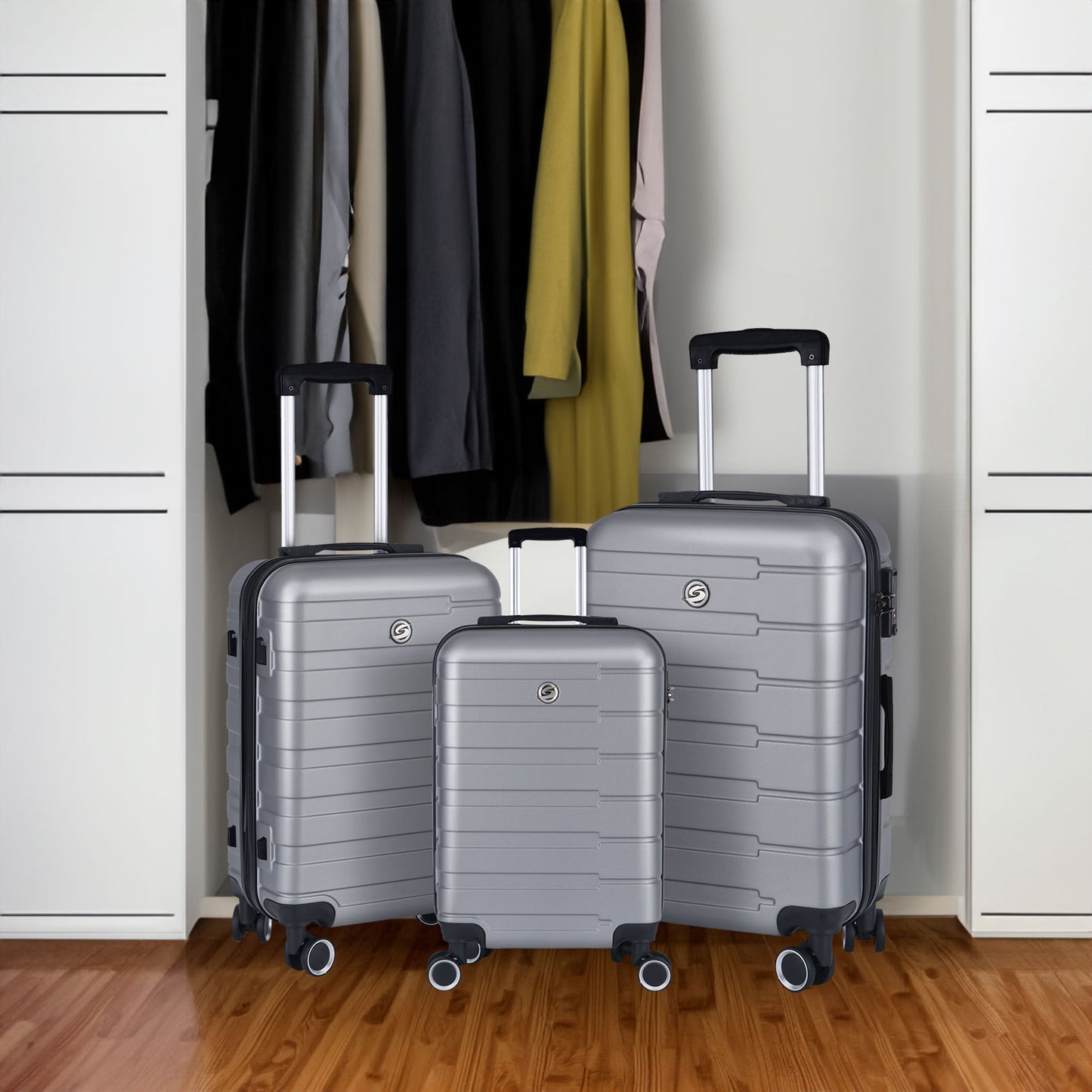 Luggage Suitcase 3 Piece Sets Hardside Carry-on luggage with Spinner Wheels 20"/24"/28" Silver+Grey + ABS