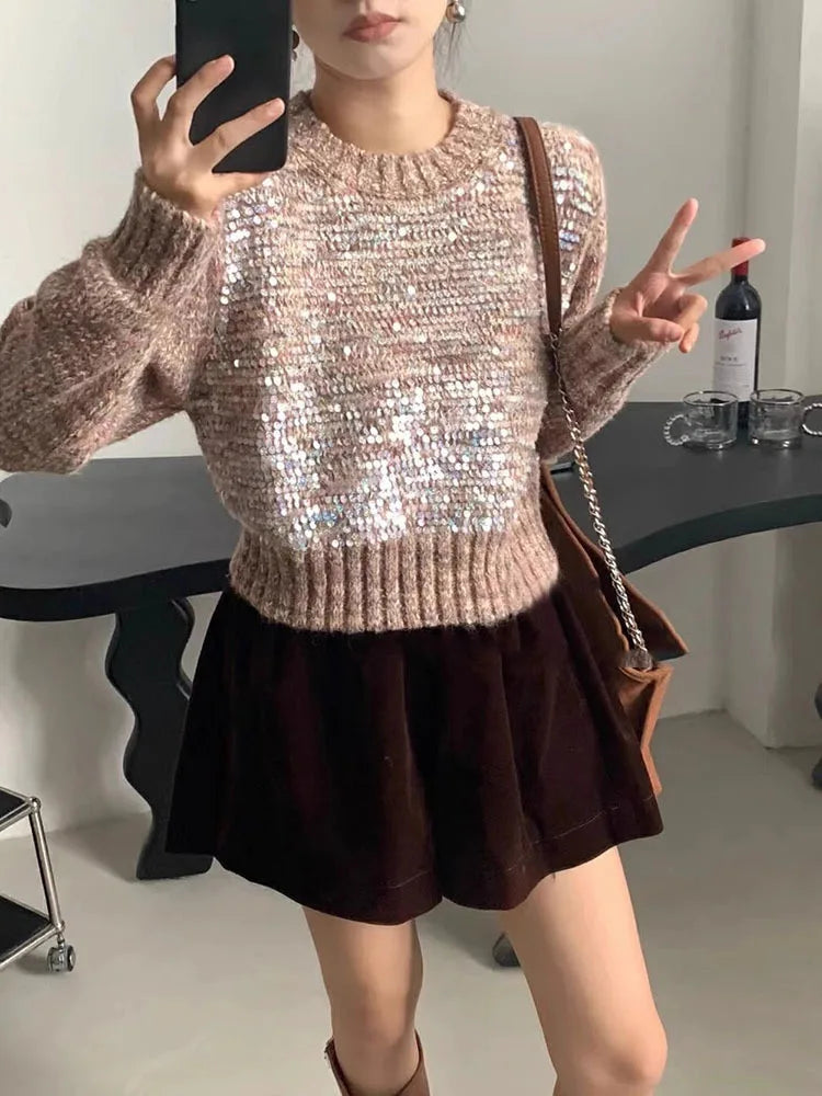 Knitted sweater lazy style pullover round neck short sweater women's knitted top