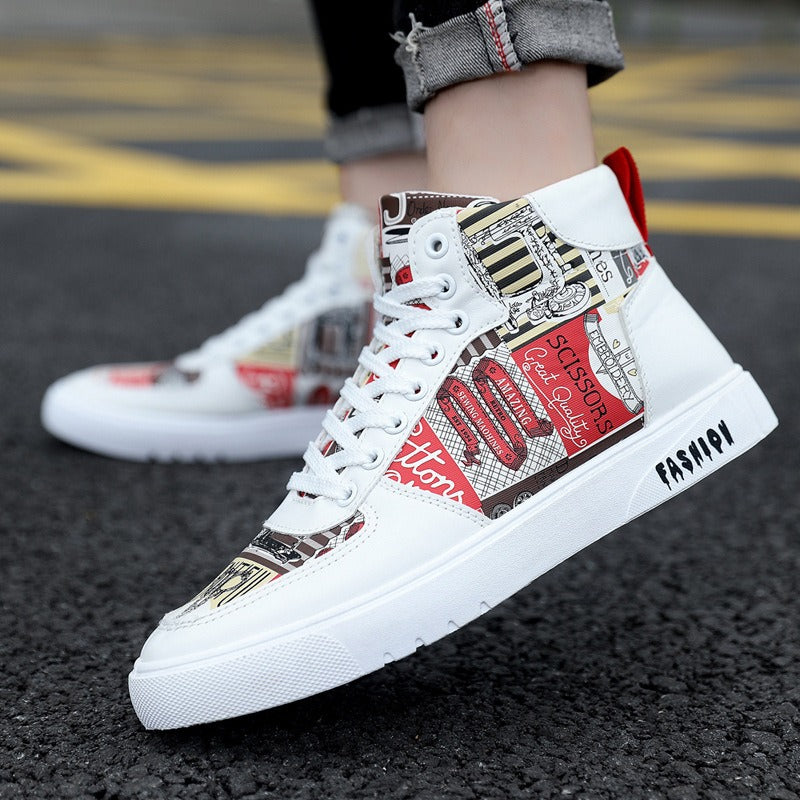 Autumn New Trendy Men's Shoes Personalized Graffiti High Top Men's Shoes Casual Four Seasons Student Sports Board Shoes Men's Tr