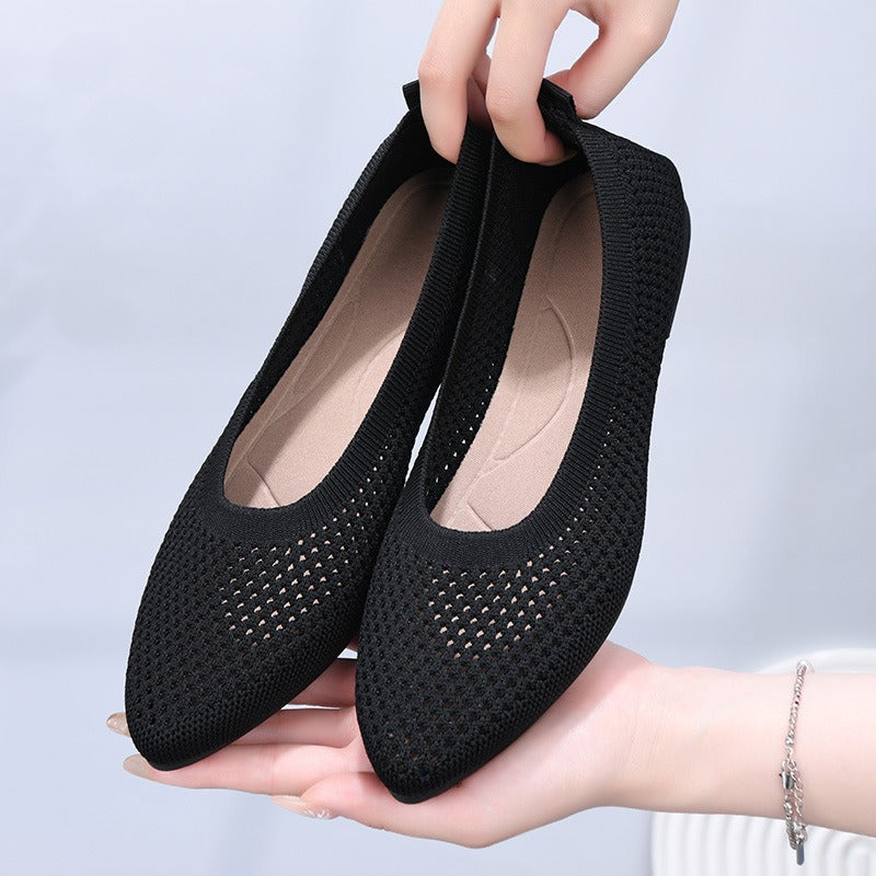 Summer solid color pointed flat bottomed women's shoes, casual breathable women's hollowed out cloth shoes